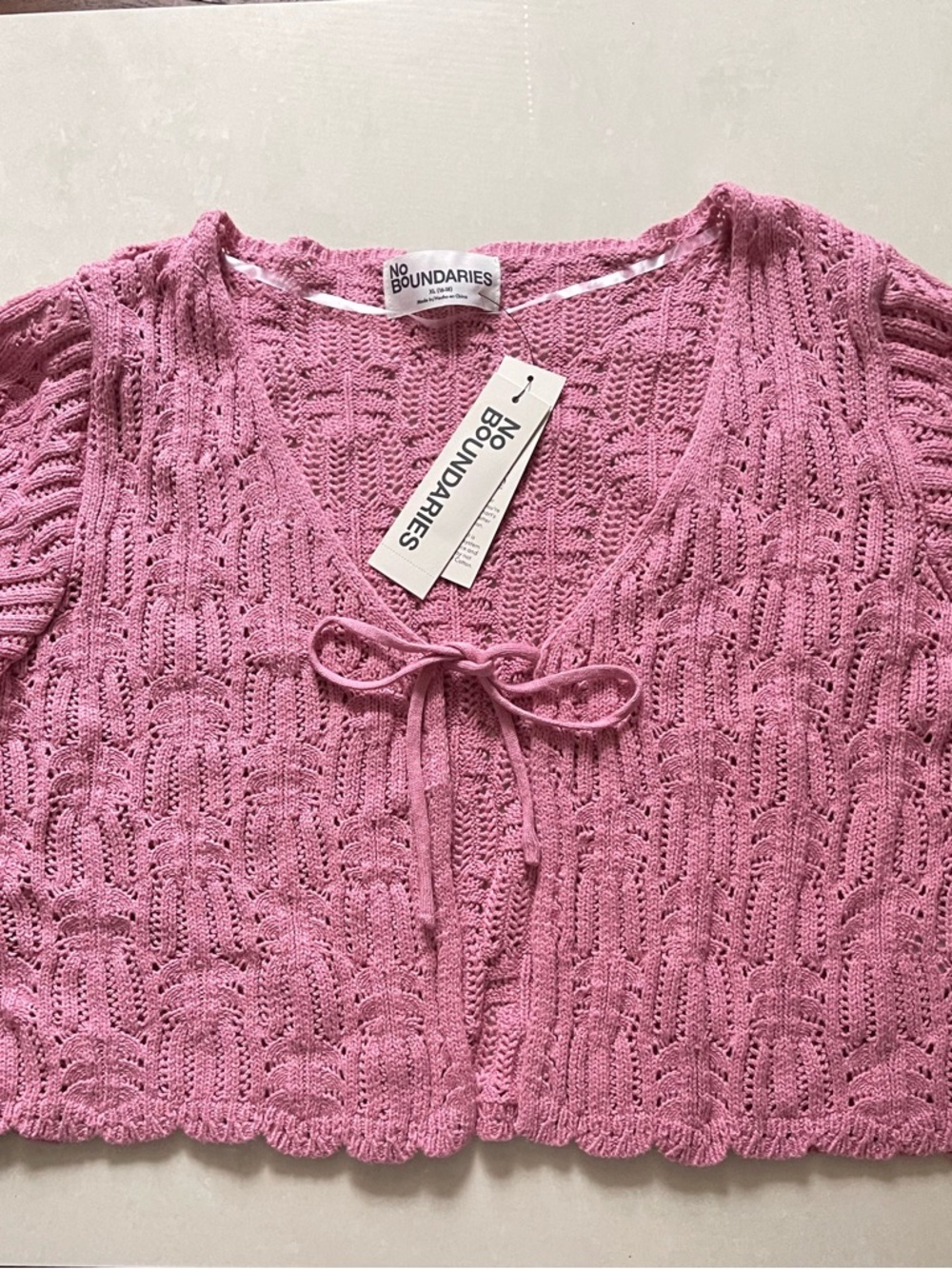 No Boundaries Cropped Crochet Tie-Front Sweater Sz L